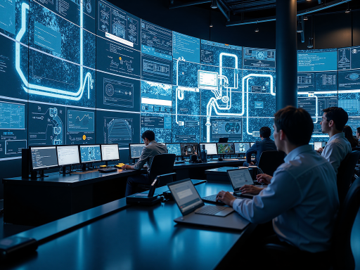 能源管理系统控制中心,大屏幕显示实时数据,技术人员分析图表,现代化办公室环境