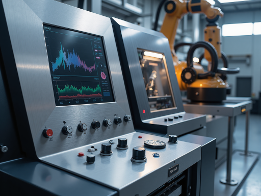 智能化工厂生产线,自动化设备运行,工人监控操作面板,现代工业环境